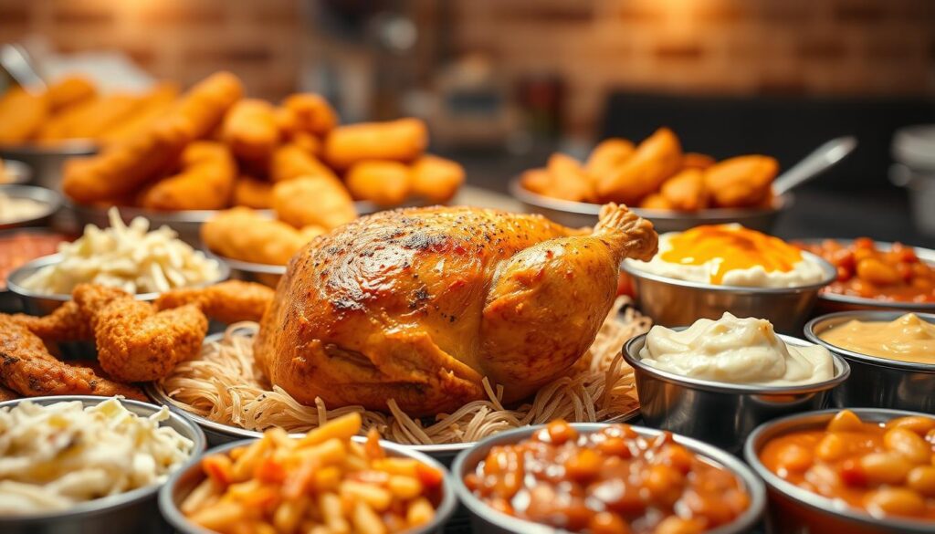 A beautifully arranged chicken hot bar display showcasing a variety of tempting items. In the foreground, a golden-brown roasted chicken is surrounded by crispy chicken tenders, buffalo wings, and savory chicken pot pie bites. The middle ground features an array of side dishes, including creamy mashed potatoes, coleslaw, and baked beans, all steaming and inviting. The background is softly blurred to emphasize the main items, with warm, ambient lighting highlighting the textures and colors of the food. A shallow depth of field captures the freshness and appeal of the meal, evoking a warm and inviting atmosphere perfect for a family dining experience. The overall mood is one of abundance and comfort. Ensure the image remains clean and devoid of any textual elements or branding.