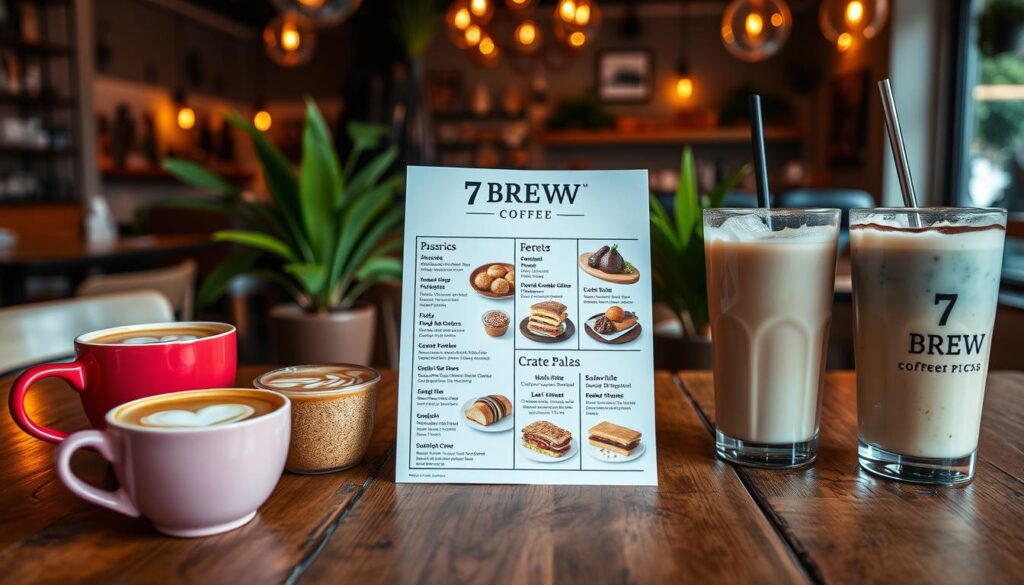 A beautifully arranged coffee menu from 7 Brew Coffee in Naperville, displayed on a rustic wooden table. In the foreground, there are several vibrant coffee cups—one with a latte art heart, another filled with cold brew topped with ice, and a pastel-colored smoothie. The middle section features the menu itself, showcasing a variety of fresh and crafted picks with enticing visuals, including mouth-watering pastries, sandwiches, and a selection of beverages, all elegantly presented. In the background, a warm, inviting café setting with soft golden lighting and potted plants creates a cozy atmosphere. The angle captures an inviting view that emphasizes the details of the menu and the allure of the coffee shop experience, evoking a sense of community and comfort.