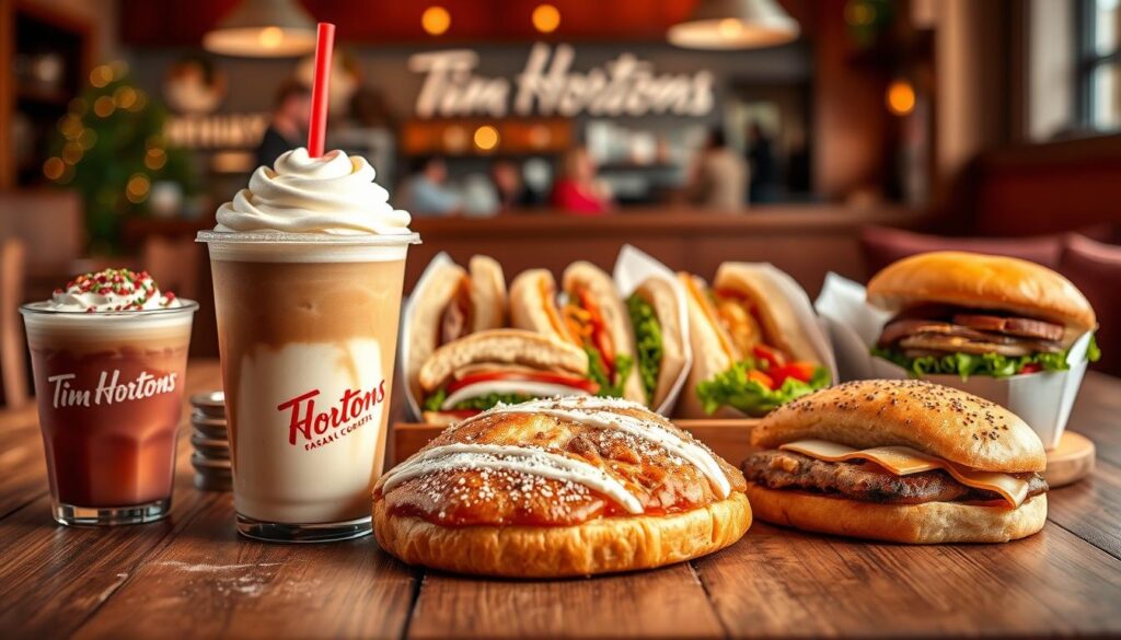A beautifully arranged display of Tim Hortons seasonal menu items, including a colorful assortment of limited-time coffee drinks, festive pastries, and hearty sandwiches. In the foreground, an inviting seasonal beverage with whipped cream and holiday-inspired toppings, alongside a warm, flaky pastry adorned with seasonal spices. In the middle, several vibrant sandwiches featuring fresh ingredients, all presented on a rustic wooden table that gives a cozy feel. The background includes a softly blurred café setting with warm lighting, enhancing the inviting atmosphere. The image captures a sense of community and seasonal spirit, evoking warmth and comfort, ideal for sharing delicious seasonal treats during special occasions.