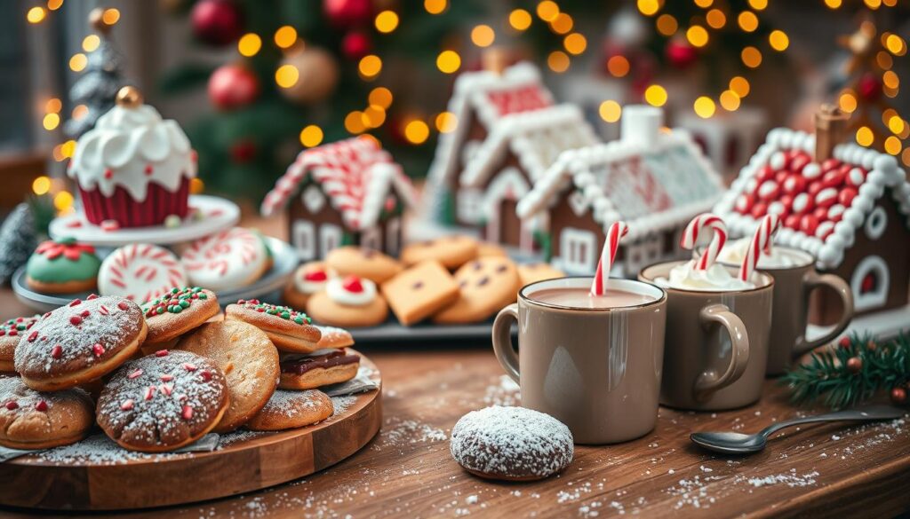 A beautifully arranged display of holiday baked goods and desserts, featuring a variety of festive treats such as peppermint-infused cookies, cranberry scones, and gingerbread houses, all adorned with colorful icing and sprinkles. In the foreground, a cozy wooden table showcases a platter of freshly baked pastries, dusted with powdered sugar. The middle ground includes steaming mugs of rich hot chocolate, topped with whipped cream and festive candy canes, invitingly positioned next to the baked goods. Soft, warm lighting casts a golden glow, creating an inviting and cheerful atmosphere. In the background, a softly blurred setting of twinkling fairy lights and holiday decorations enhances the festive spirit. Use a shallow depth of field to focus on the details of the treats while maintaining a dreamy, cheerful holiday vibe.