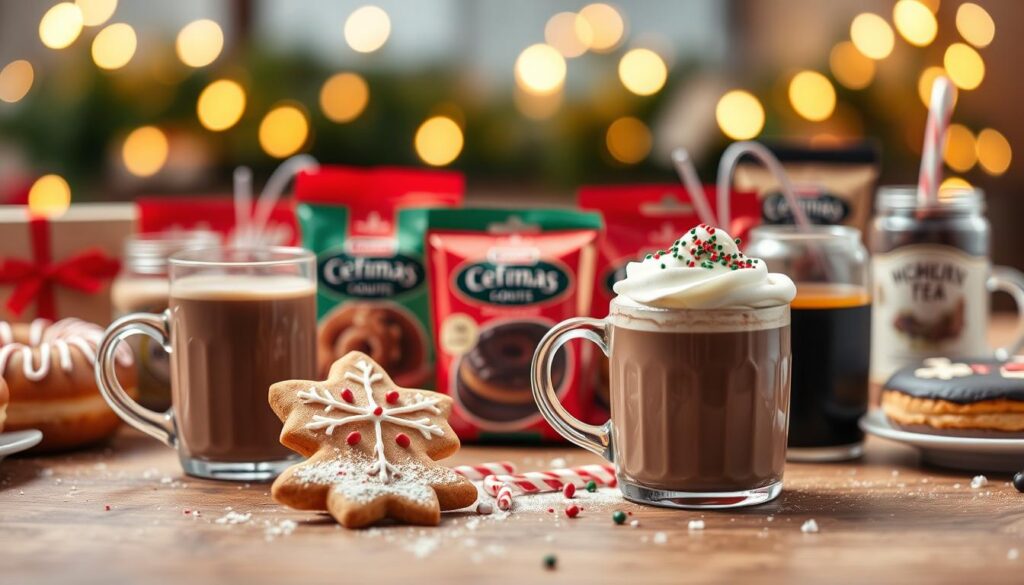 A beautifully arranged flat lay of various festive drinks and treats from a holiday menu, focusing on seasonal items like peppermint lattes, cranberry donuts, and spiced teas. In the foreground, a steaming cup of hot chocolate topped with whipped cream and red and green sprinkles, beside a frosted cookie shaped like a snowflake. In the middle, colorful holiday-themed packaging displaying the treats, with a blurred background featuring twinkling fairy lights. Soft, warm lighting creates an inviting and cozy atmosphere, evoking a sense of holiday cheer. Use a shallow depth of field to emphasize the details of the treats while softly blurring the background. The overall mood should feel festive and inviting, perfect for showcasing holiday tasting notes.