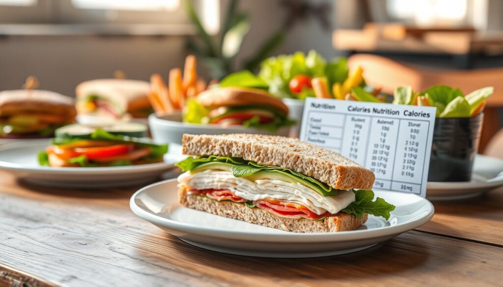 A beautifully arranged lunch setting featuring a variety of colorful sandwiches with different fillings such as turkey, avocado, and fresh vegetables, displayed on a rustic wooden table. In the foreground, focus on a carefully sliced sandwich showcasing its layers, resting on a clean white plate. In the middle ground, include a nutritional guide with calorie counts artistically arranged beside the sandwich. The background should feature soft, natural light filtering through a nearby window, casting gentle shadows, creating a warm and inviting atmosphere. Capture the scene from a slightly elevated angle to emphasize the sandwich details and the nutritional content, enhancing the overall presentation.