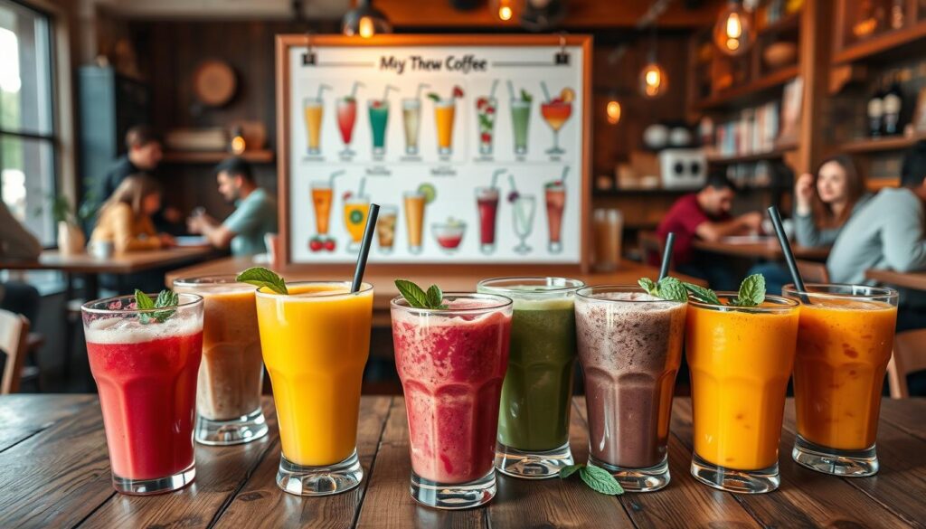 A beautifully arranged menu spread featuring a variety of smoothies and shakes from 7 Brew Coffee in Naperville. In the foreground, showcase vibrant, colorful smoothies in clear glasses, garnished with fresh fruits and mint leaves, set on a rustic wooden table. In the middle ground, include a softly blurred menu board with artistic illustrations of each drink, highlighting their enticing flavors. The background should be a cozy café interior with warm lighting, wooden accents, and patrons enjoying their drinks, all captured from a slight overhead angle to create depth. The mood should be inviting and family-friendly, emphasizing freshness and craftsmanship in every detail.