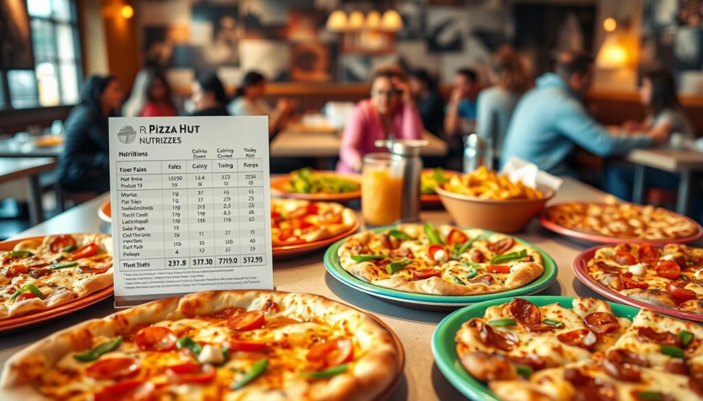 A beautifully arranged table showcasing an array of Pizza Hut menu items under soft, warm lighting. In the foreground, a variety of pizzas featuring fresh toppings like vegetables, pepperoni, and cheese are artistically placed on vibrant, colorful plates, emphasizing nutrition and customization options. In the middle ground, a chart listing nutritional information for each pizza and sides is subtly integrated, showing calorie counts and dietary tips in a sleek, modern design. The background features a cozy restaurant setting, with softly blurred images of customers enjoying their meals, creating an inviting and friendly atmosphere. The shot is taken from a slight overhead angle, giving an appetizing perspective that highlights the variety and appeal of the dishes without any text or distractions.