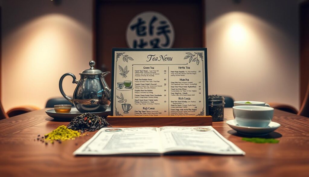 A beautifully designed tea menu, featuring elegant illustrations of assorted teas such as green tea, herbal infusions, matcha, and rich cocoa alternatives. The foreground highlights a sleek wooden table adorned with a delicate tea set, including a teapot and cups, surrounded by loose tea leaves and colorful matcha powder. In the middle, the menu itself displays visually appealing listings of various tea options with elegant script and artistic embellishments, offering an inviting feel. The background features soft, diffused lighting illuminating the table, creating a warm and cozy atmosphere reminiscent of a tranquil tea house setting. The image should have a shallow depth of field, focusing sharply on the menu and tea set while softly blurring the background to enhance the inviting mood.