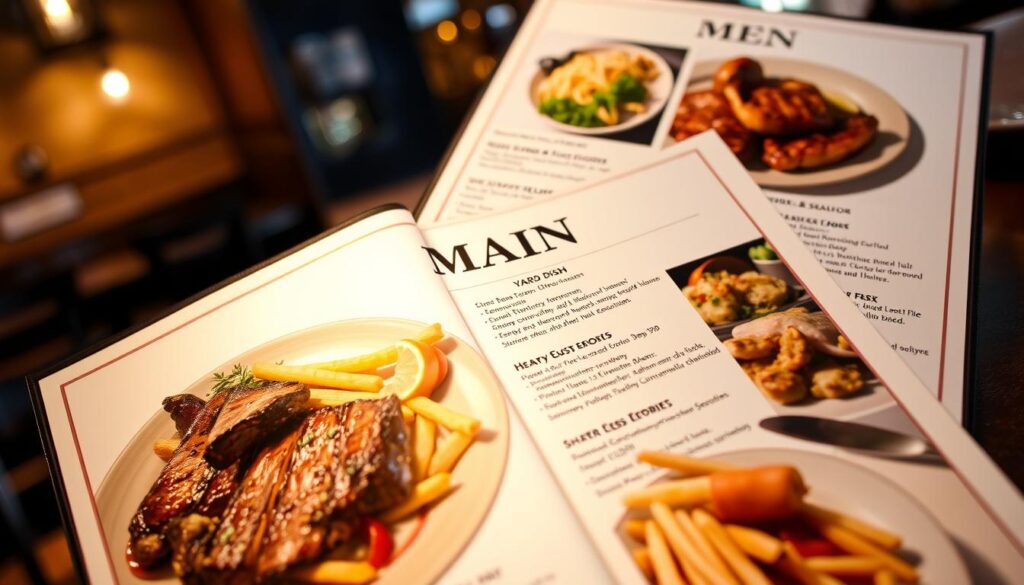 A beautifully lit, high-quality photograph of a Yard House restaurant menu, showcasing the main dish section. The menu pages are presented with a soft, even lighting, capturing the details of the dishes with clarity and precision. The background is a warm, inviting atmosphere, perhaps with a hint of the restaurant's decor visible in the periphery. The composition is balanced, allowing the menu items to take center stage, while still conveying a sense of place. The image should evoke the quality and variety of the Yard House's steaks, seafood, and hearty house favorites, enticing the viewer to explore the menu further.