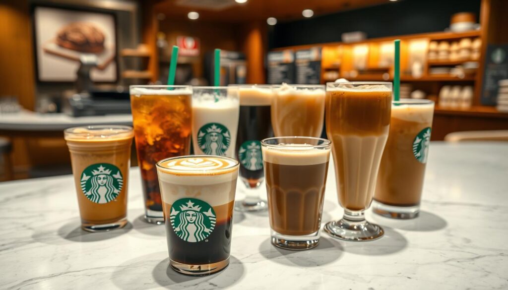 A beautifully lit, high-resolution image of a Starbucks cafe setting featuring an artfully arranged display of various breakfast menu beverages. In the foreground, a selection of classic Starbucks espresso drinks - a latte, cappuccino, and Americano - sit atop a marble countertop, their rich, creamy textures and intricate latte art visible. In the middle ground, a variety of cold brew and iced coffee options are presented, their glasses sweating with condensation. In the background, the cafe's warm, inviting atmosphere is visible, with wooden accents, soft lighting, and a hint of the breakfast food menu visible. The overall composition emphasizes the harmonious pairing of Starbucks' beloved breakfast beverages with their morning food offerings. A beautifully lit, high-resolution image of a Starbucks cafe setting featuring an artfully arranged display of various breakfast menu beverages. In the foreground, a selection of classic Starbucks espresso drinks - a latte, cappuccino, and Americano - sit atop a marble countertop, their rich, creamy textures and intricate latte art visible. In the middle ground, a variety of cold brew and iced coffee options are presented, their glasses sweating with condensation. In the background, the cafe's warm, inviting atmosphere is visible, with wooden accents, soft lighting, and a hint of the breakfast food menu visible. The overall composition emphasizes the harmonious pairing of Starbucks' beloved breakfast beverages with their morning food offerings.
