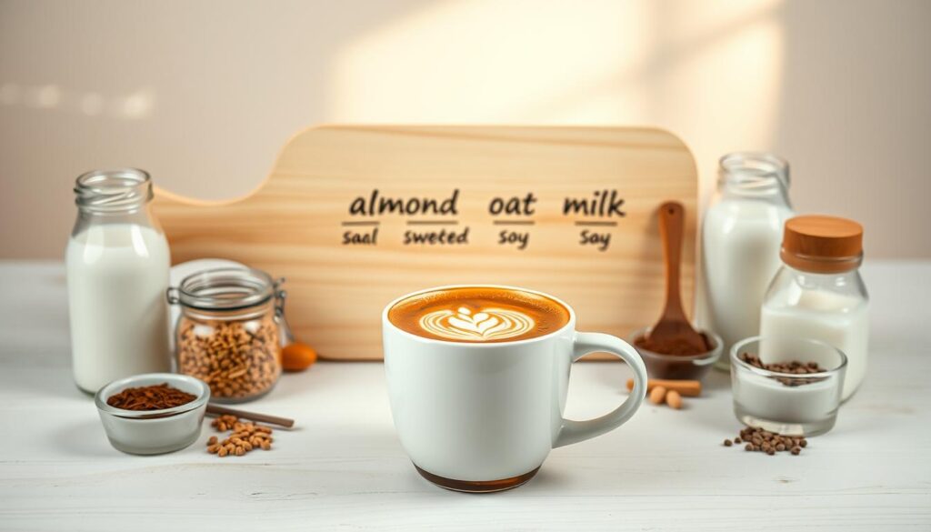 A beautifully styled and artfully arranged image of a &amp;quot;Vegan Coffee Drinks Customization Guide&amp;quot;. In the foreground, a sleek and modern white ceramic mug filled with a rich, creamy vegan coffee drink, topped with a delicate foam design. Surrounding the mug, an assortment of vegan milk alternatives such as almond, oat, and soy milk in small glass jars, along with various plant-based sweeteners and spices. In the middle ground, a minimal, light-colored wooden board or surface serves as the backdrop, showcasing the vegan coffee customization options. The background features a soft, blurred, and airy atmosphere, with a warm, natural lighting source creating a cozy and inviting ambiance. The overall composition is clean, elegant, and visually appealing, perfectly capturing the essence of a vegan coffee customization guide.