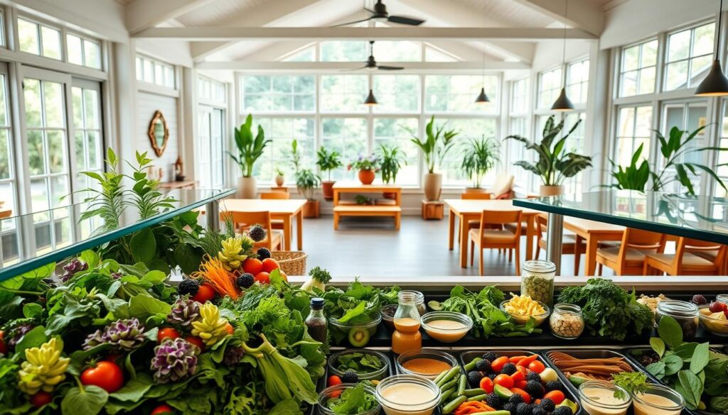 A bright, airy yard house setting with a well-stocked salad bar in the foreground, overflowing with an array of fresh, vibrant greens, vegetables, and gluten-free dressing options. The middle ground features a spacious, open-concept dining area with cozy, natural wood furnishings and strategically placed potted plants, creating a serene, inviting ambiance. The background showcases a floor-to-ceiling window wall, allowing ample natural light to flood the space and accentuate the overall calming, health-conscious atmosphere. The lighting is soft and diffused, enhancing the warm, inviting mood. The camera angle is slightly elevated, providing a comprehensive view of the carefully curated gluten-friendly yard house layout.
