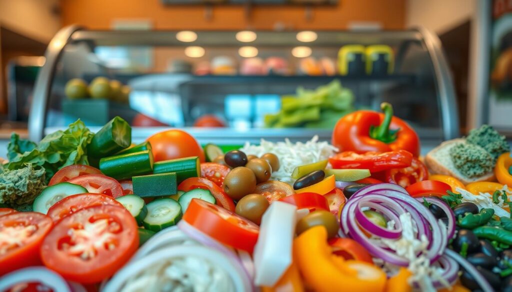A brightly lit, high-resolution close-up photograph of a colorful selection of fresh vegetables and toppings typically found at a Subway sandwich shop. The foreground showcases an arrangement of sliced tomatoes, cucumbers, onions, bell peppers, olives, pickles, and shredded lettuce, all appearing crisp, vibrant, and neatly organized. The middle ground offers a glimpse of the stainless steel and glass display case, creating a sense of depth and context. The background is softly blurred, emphasizing the focus on the vibrant produce. The lighting is natural yet slightly warm, accentuating the textures and colors of the ingredients. The overall composition is clean, inviting, and highlights the freshness and variety of the Subway toppings.