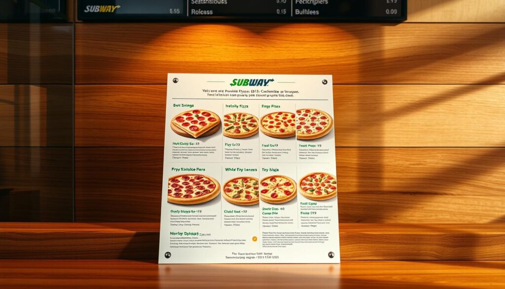 A brightly lit, high-resolution image of a Subway personal pizza menu displayed on a stylish wooden counter. The menu features clear, mouth-watering photographs of various customizable pizza options, accompanied by concise descriptions and pricing information. The layout is clean and organized, with a modern, minimalist aesthetic. Soft shadows and highlights create depth and dimension, drawing the viewer's attention to the inviting pizza options. The overall atmosphere conveys a sense of high-quality, artisanal pizza offerings in a casual, welcoming Subway setting. A brightly lit, high-resolution image of a Subway personal pizza menu displayed on a stylish wooden counter. The menu features clear, mouth-watering photographs of various customizable pizza options, accompanied by concise descriptions and pricing information. The layout is clean and organized, with a modern, minimalist aesthetic. Soft shadows and highlights create depth and dimension, drawing the viewer's attention to the inviting pizza options. The overall atmosphere conveys a sense of high-quality, artisanal pizza offerings in a casual, welcoming Subway setting.