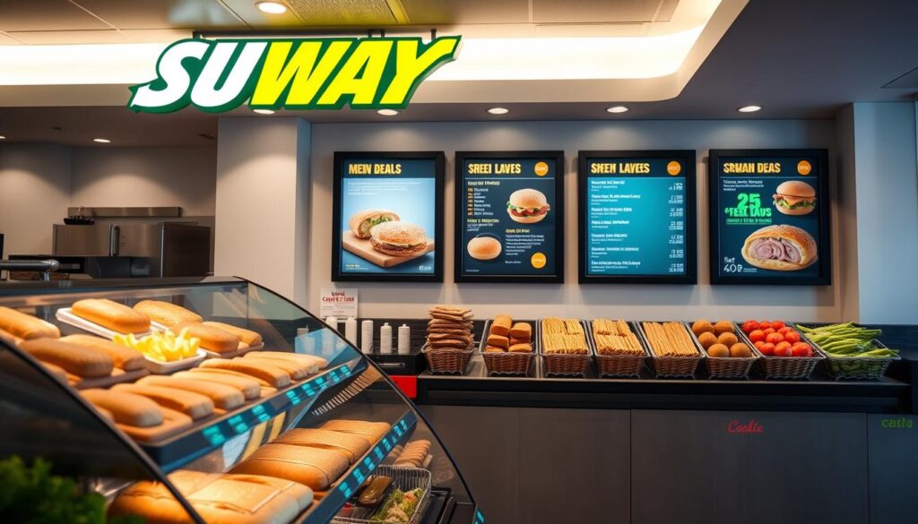 A brightly lit, modern Subway restaurant interior, showcasing the chain's signature menu items. In the foreground, a display case features an array of freshly baked breads, meats, and vegetables, inviting the viewer to create their own customized sandwich. In the middle ground, framed menu boards highlight the latest Subway meal deals and special offers, prominently displayed against a clean, minimalist backdrop. The overall scene conveys a sense of freshness, convenience, and a wide range of delicious, high-quality options for the health-conscious consumer. Soft, directional lighting illuminates the scene, casting a warm, inviting glow and emphasizing the vibrant colors of the ingredients. A brightly lit, modern Subway restaurant interior, showcasing the chain's signature menu items. In the foreground, a display case features an array of freshly baked breads, meats, and vegetables, inviting the viewer to create their own customized sandwich. In the middle ground, framed menu boards highlight the latest Subway meal deals and special offers, prominently displayed against a clean, minimalist backdrop. The overall scene conveys a sense of freshness, convenience, and a wide range of delicious, high-quality options for the health-conscious consumer. Soft, directional lighting illuminates the scene, casting a warm, inviting glow and emphasizing the vibrant colors of the ingredients.