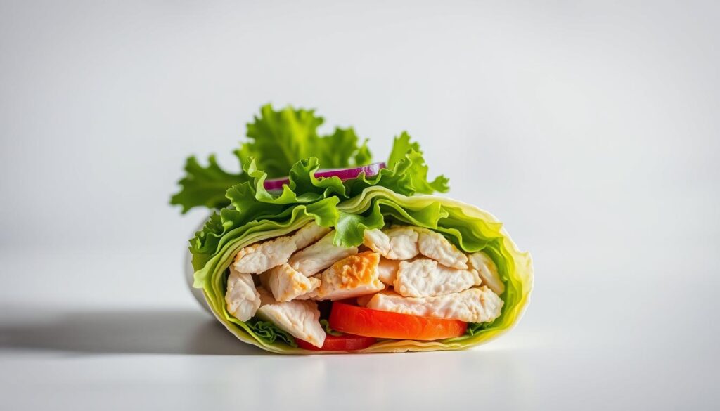 A close-up shot of a Subway chicken wrap against a clean, minimalist background. The wrap is presented in an appetizing manner, showcasing the layers of crisp lettuce, juicy chicken, and fresh vegetables. The lighting is soft and diffused, highlighting the vibrant colors and textures of the ingredients. The composition emphasizes the nutritional information, with a clear focus on the wrap's contents and their health benefits. The overall atmosphere is one of simplicity, cleanliness, and a focus on the nutritional value of the meal. A close-up shot of a Subway chicken wrap against a clean, minimalist background. The wrap is presented in an appetizing manner, showcasing the layers of crisp lettuce, juicy chicken, and fresh vegetables. The lighting is soft and diffused, highlighting the vibrant colors and textures of the ingredients. The composition emphasizes the nutritional information, with a clear focus on the wrap's contents and their health benefits. The overall atmosphere is one of simplicity, cleanliness, and a focus on the nutritional value of the meal.