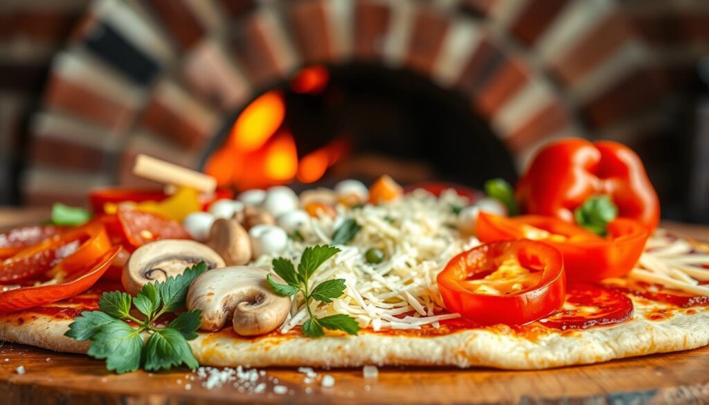 A close-up shot of an assortment of premium pizza toppings arranged neatly on a wooden surface. In the foreground, vibrant slices of pepperoni, juicy mushrooms, and crisp bell peppers lie alongside a sprinkle of fragrant oregano and a drizzle of olive oil. In the middle ground, a variety of cheeses, including mozzarella, parmesan, and grated cheddar, are scattered invitingly. The background features a blurred view of a traditional brick oven, lending an authentic, artisanal atmosphere. The lighting is soft and natural, highlighting the vibrant colors and textures of the toppings. The overall composition evokes the freshness, quality, and culinary expertise associated with a premium Subway pizza. A close-up shot of an assortment of premium pizza toppings arranged neatly on a wooden surface. In the foreground, vibrant slices of pepperoni, juicy mushrooms, and crisp bell peppers lie alongside a sprinkle of fragrant oregano and a drizzle of olive oil. In the middle ground, a variety of cheeses, including mozzarella, parmesan, and grated cheddar, are scattered invitingly. The background features a blurred view of a traditional brick oven, lending an authentic, artisanal atmosphere. The lighting is soft and natural, highlighting the vibrant colors and textures of the toppings. The overall composition evokes the freshness, quality, and culinary expertise associated with a premium Subway pizza.