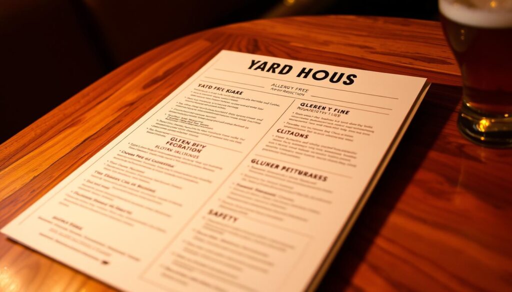 A close-up view of a clean, well-lit Yard House restaurant menu, showcasing the &amp;quot;Allergy Menu&amp;quot; section. The menu is presented on a sturdy, wooden table, surrounded by a soft, natural-looking environment. The lighting is warm and inviting, creating a cozy atmosphere. The menu itself is crisp and clear, highlighting the various gluten-free options and safety information for customers with dietary restrictions. The overall scene conveys a sense of care, attention to detail, and a commitment to providing a safe dining experience for guests.