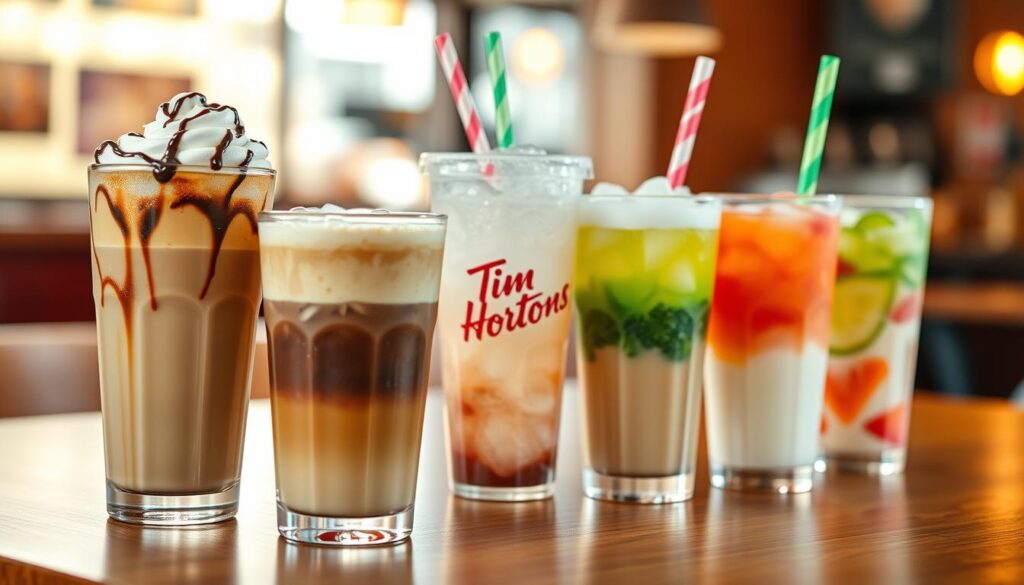 A collection of Tim Hortons cold drinks displayed on a wooden table, featuring an assortment of iced coffees and specialty cold beverages. In the foreground, two clear glasses filled with iced coffee, one topped with whipped cream and chocolate drizzle, and the other with colorful layers representing fruit flavors. The middle ground includes a stylish, branded Tim Hortons cup with ice and condensation, alongside a colorful straw. The background captures a softly blurred café setting, with warm, inviting lighting that enhances the vibrant colors of the drinks. The atmosphere is cheerful and refreshing, evoking a feeling of summer and relaxation, perfect for showcasing cold beverage options.