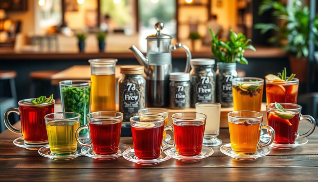 A colorful and inviting display of 7 different teas from the 7 Brew menu, arranged artfully on a rustic wooden table. In the foreground, show clear glass tea cups filled with vibrant teas, each with unique colors like deep amber, bright green, and vibrant red, garnished with fresh herbs and fruits. In the middle ground, consider a selection of stylish tea pots and jars of loose leaf tea, illustrating an assortment of flavors. The background features a softly blurred café ambiance, with warm, natural lighting that conveys a cozy atmosphere. Include delicate greenery, like potted plants, to enhance the freshness of the scene. Overall, the image should evoke a sense of refreshment and delight in non-coffee selections.