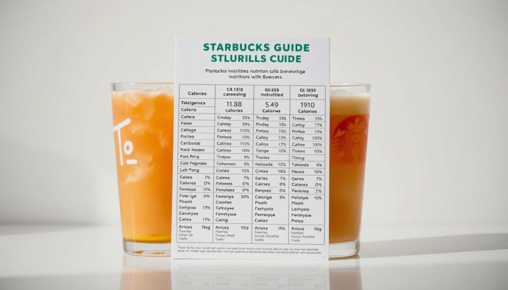 A comprehensive nutrition guide for Starbucks' cold beverages, showcasing their calorie, carbohydrate, and other nutritional contents. The guide is presented against a clean, minimalist background, with a sleek, modern aesthetic. The items are displayed in an organized grid layout, allowing for easy comparison and information retrieval. The lighting is soft and diffused, creating a subtle, inviting atmosphere. The camera angle is slightly elevated, providing a clear, unobstructed view of the guide. The overall composition strikes a balance between professionalism and visual appeal, making it suitable for inclusion in an informative article about Starbucks' nutritional offerings.