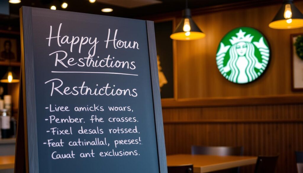 A cozy Starbucks cafe interior, with soft lighting and a warm, inviting atmosphere. In the foreground, a chalkboard sign displays the &amp;quot;Happy Hour Restrictions&amp;quot; in elegant cursive, outlining the limited-time deals and exclusions. The middle ground features a stylized Starbucks logo and subtle patterns, hinting at the brand's visual identity. The background showcases the cafe's signature wood paneling and natural accents, creating a sense of comfort and familiarity. The overall composition evokes a sense of professionalism and attention to detail, perfectly suited to illustrate the &amp;quot;Happy Hour Restrictions and Fine Print&amp;quot; section of the article.