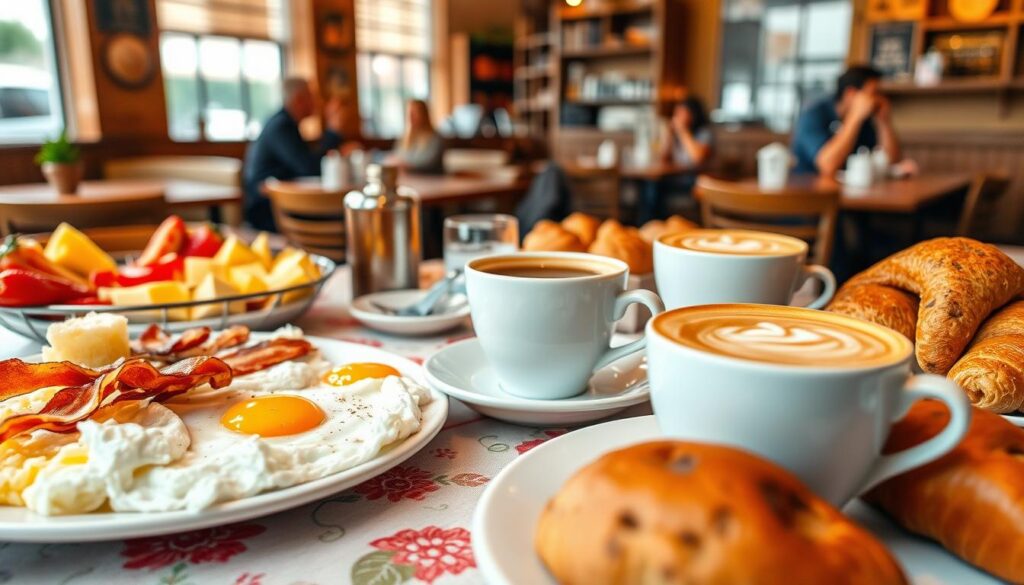 A cozy breakfast scene showcasing a variety of options typical for a charming café in Parma Heights. In the foreground, a beautifully arranged table displays a selection of breakfast items: fluffy scrambled eggs, crispy bacon, and a colorful fruit platter, alongside freshly baked pastries like croissants and muffins. In the middle, a steaming cup of coffee rests on a vibrant tablecloth, with a second cup slightly tilted to showcase rich latte art. The background features a warm, inviting café atmosphere with soft lighting, wooden accents, and patrons enjoying their meals. Use a soft-focus lens to emphasize the foreground details, capturing the warmth and comfort of a neighborhood coffee shop. The overall mood should be cheerful and inviting, inviting viewers to savor the delightful breakfast options.