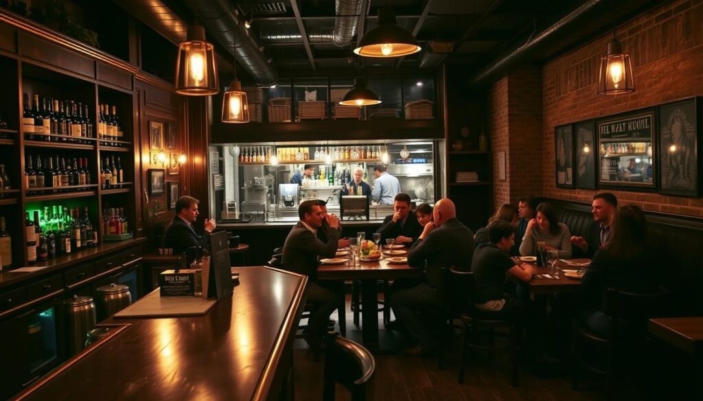 A cozy gastropub interior, dimly lit with warm, inviting lighting. A wooden bar in the foreground, stocked with an array of craft beers and spirits. In the middle ground, a group of patrons enjoying hearty, gourmet pub fare at a communal dining table, surrounded by exposed brick walls and rustic decor. In the background, a glimpse of an open kitchen, where chefs skillfully prepare innovative dishes. The atmosphere is relaxed and convivial, with a focus on high-quality, locally-sourced ingredients and a curated selection of artisanal beverages.