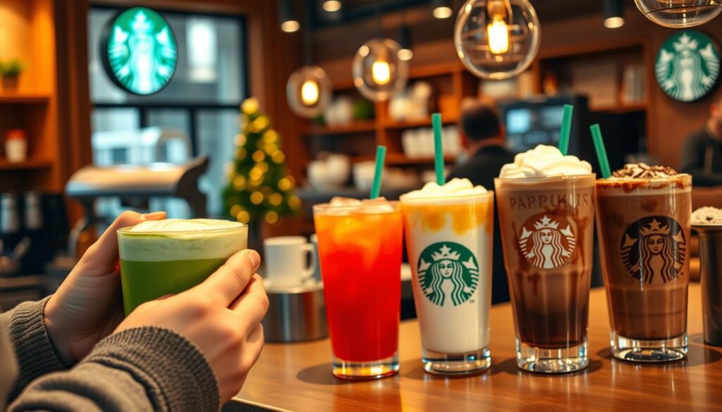 A cozy, well-lit Starbucks café scene featuring an assortment of seasonal vegan drinks. In the foreground, a barista's hands carefully crafting a vibrant green matcha latte, topped with delicate foam. On the counter, a display of tempting drinks - a ruby-red cranberry-orange refresher, a creamy pumpkin spice latte, and a rich, chocolatey mocha with a dusting of cocoa powder. The background is filled with the warm glow of wood tones, soft lighting, and the inviting bustle of the café. The overall atmosphere is one of comforting indulgence and holiday cheer.