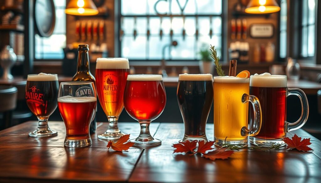 A cozy, well-lit taproom setting with an array of seasonal beer glasses, bottles, and mugs artfully arranged on a rustic wooden table. The beers feature rich, autumnal hues and frothy heads, complemented by seasonal garnishes like cinnamon sticks, orange slices, and sprigs of rosemary. Soft, warm lighting casts a mellow glow, creating an inviting ambiance perfect for enjoying specialty brews on a crisp, fall evening. The scene captures the spirit of the changing seasons and the joy of discovering new, limited-time craft beer offerings.