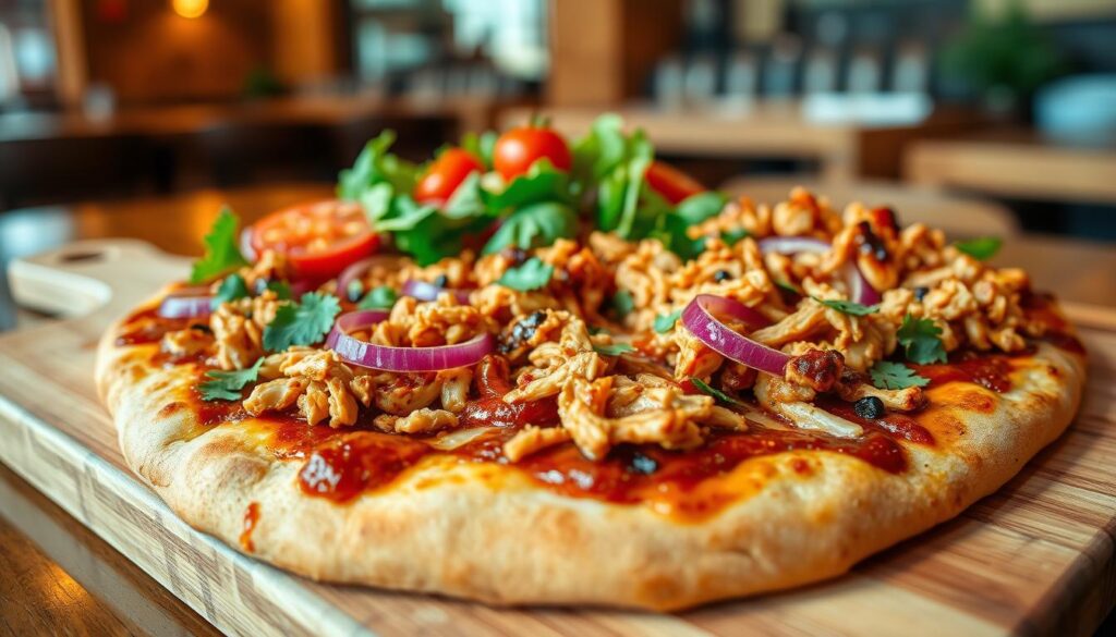 A delicious gluten-free original BBQ chicken pizza served on a wooden cutting board. The pizza features a golden-brown crust with a drizzle of tangy barbecue sauce, topped with generous pieces of tender, shredded grilled chicken, red onions, and cilantro, all melting in cheese. In the foreground, emphasize the textures of the toppings with a close-up shot. In the middle, include a vibrant salad garnished with cherry tomatoes to complement the pizza. The background should be a warm, inviting restaurant setting with soft lighting, enhancing the cozy atmosphere. Use a shallow depth of field to focus on the pizza while softly blurring the background, creating a relaxed lunch vibe. No text or overlays.