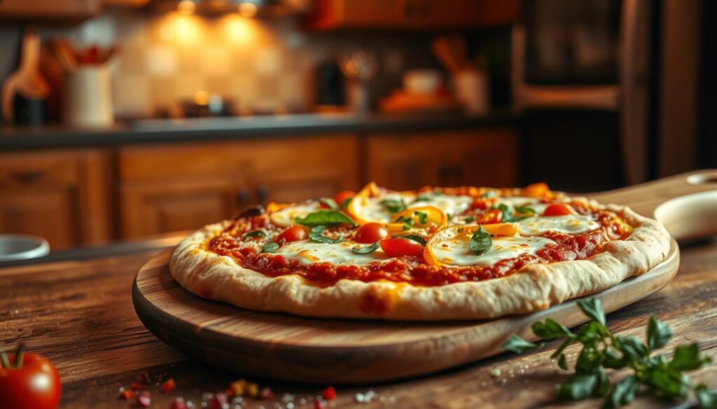 A delicious gluten-free pizza crust, showcased in a rustic wooden pizza peel, fresh from the oven. The crust is golden and slightly crisp, with a variety of toppings like vibrant vegetables and melted cheese artfully arranged on top. The foreground includes a scattering of colorful fresh herbs and ingredients, adding a touch of liveliness. In the middle ground, a soft glow emanates from the oven, casting warm light that enhances the textures of the crust. The background features a cozy, inviting kitchen setting with wooden cabinets and a subtle view of a countertop filled with pizza-making tools. The mood is warm and inviting, perfect for a family meal, emphasizing allergen-friendly cooking. The scene is captured with a shallow depth of field, creating an intimate focus on the crust.