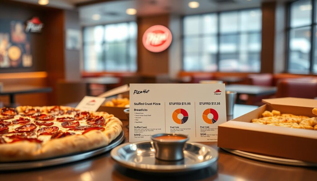 A detailed and modern restaurant table setting showcasing a spread of Pizza Hut menu items, with clear focus on price tags next to each item. In the foreground, a large pepperoni pizza, a box of stuffed crust pizza, and a side of breadsticks with dipping sauce. In the middle, a placemat displaying a concise breakdown of prices with pie charts illustrating value comparisons for each item. The background features the warm, inviting interior of a Pizza Hut, with soft ambient lighting creating a cozy atmosphere. Use a shallow depth of field to blur the background slightly, highlighting the delicious food and price tags in sharp detail. The overall mood should feel appetizing and informative, perfect for a dining experience discussion.