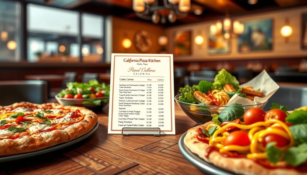 A detailed illustration of a beautifully arranged table showcasing various California Pizza Kitchen menu items, including pizza, pasta, and salad, each labeled with their corresponding calorie counts. In the foreground, a close-up of a rustic wooden table, featuring a colorful pizza topped with fresh ingredients, placed beside a vibrant salad. In the middle, slightly blurred, an elegant, neatly designed menu with calorie information, set against a backdrop of a cozy restaurant interior reflecting warm lighting and a welcoming atmosphere. The background reveals a subtle hint of the restaurant’s décor, with soft, ambient lights creating a casual yet professional vibe. The scene is captured from a slightly elevated angle, emphasizing the delicious food while ensuring clarity and focus on the calorie listings.