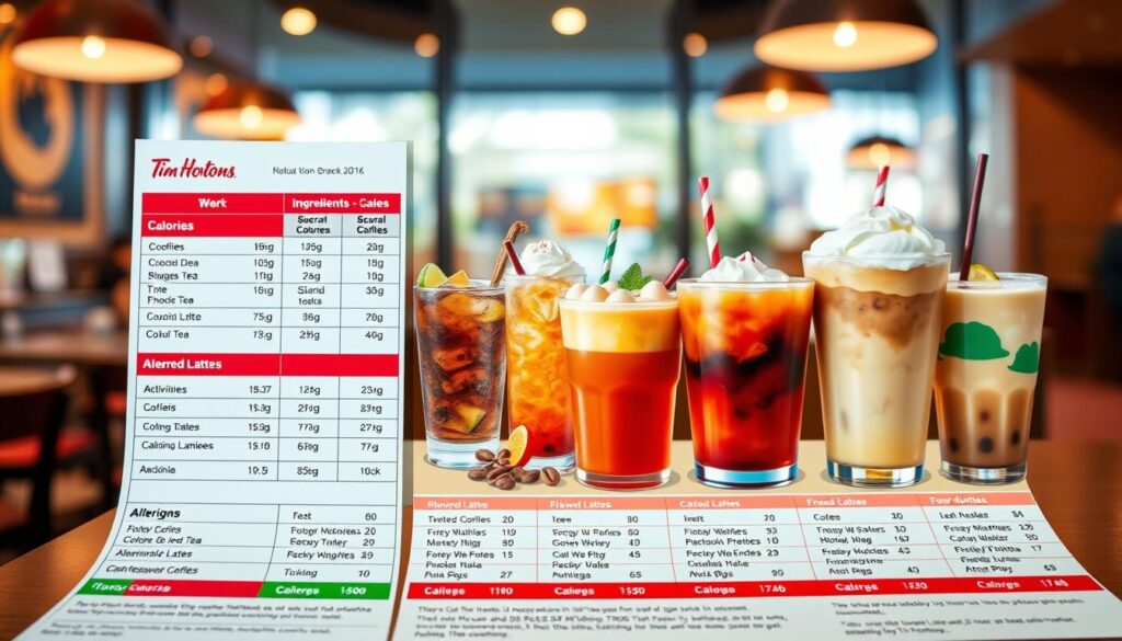 A detailed table showcasing the nutrition, ingredients, and allergen information for various Tim Hortons drinks, prominently featuring a variety of hot and cold beverages such as coffee, iced tea, and flavored lattes. In the foreground, a colorful infographic style layout with clear sections for calories, sugars, and allergens, using vibrant colors associated with the Tim Hortons brand. The middle ground includes visually appealing illustrations of the drinks, elegantly arranged with fresh ingredients like coffee beans, ice cubes, and whipped cream. In the background, a softly blurred café setting, with warm lighting creating an inviting atmosphere. The image emphasizes clarity and organization, conveying professionalism and informative content. The overall mood is engaging and informative, perfect for an article on drink menus.