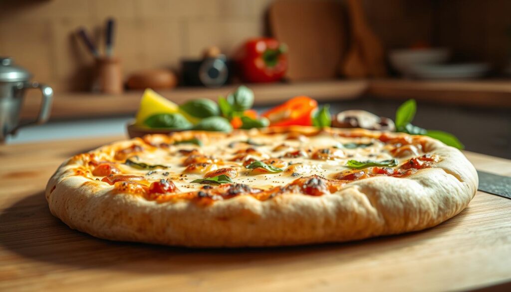 A freshly baked gluten-free pizza crust sits prominently in the foreground, showcasing its golden-brown edges and slightly crispy texture, inviting texture reveals hints of herbs. In the middle ground, a variety of colorful toppings, such as vibrant bell peppers, mushrooms, and fresh basil, are artfully arranged around the crust, accentuating the gluten-free concept. The background features a softly blurred kitchen setting, with warm wooden tones and subtle natural lighting that highlights the crust and ingredients, creating a cozy ambiance. The mood is inviting and wholesome, ideal for health-conscious dining. The image should be shot from a slight overhead angle to emphasize the crust's texture while keeping the focus on the delicious toppings without any text or distractions.