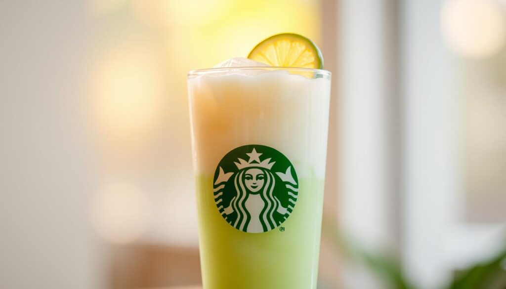 A glass filled with vibrant Starbucks Refreshers, its pale green hue contrasting beautifully with the creamy white of the coconut milk. Slices of fresh lime float atop the icy beverage, casting a gentle citrus aroma. The glass is illuminated by soft, natural light, casting a warm, inviting glow. The background is blurred, placing the focus entirely on the refreshing, tropical-inspired drink. The overall mood is one of refreshment and relaxation, perfectly encapsulating the essence of a Coconut Milk Refresher.
