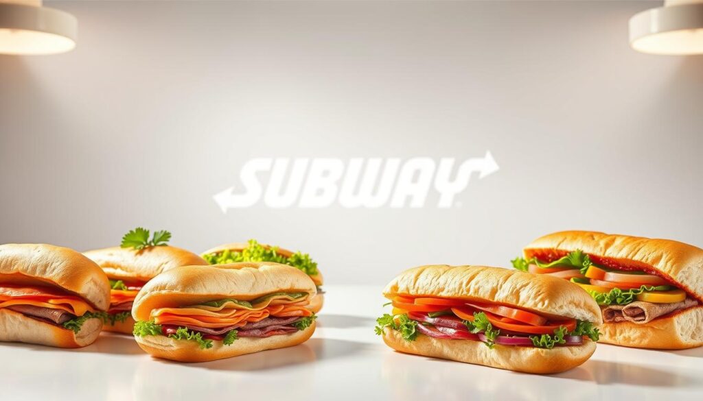 A high-quality, detailed image of &amp;amp;quot;Subway Featured Sandwich Specials&amp;amp;quot; in a well-lit, professional studio setting. In the foreground, a lineup of freshly prepared Subway sandwich varieties, featuring various meats, vegetables, and condiments artfully arranged on a clean, seamless white surface. In the middle ground, a Subway logo or branding elements subtly incorporated, creating a sense of brand identity. The background is softly blurred, maintaining focus on the delectable sandwich offerings. The lighting is warm and natural, accentuating the vibrant colors and textures of the ingredients. The overall composition conveys a sense of appetite appeal, quality, and the enticing nature of Subway's featured sandwich specials.