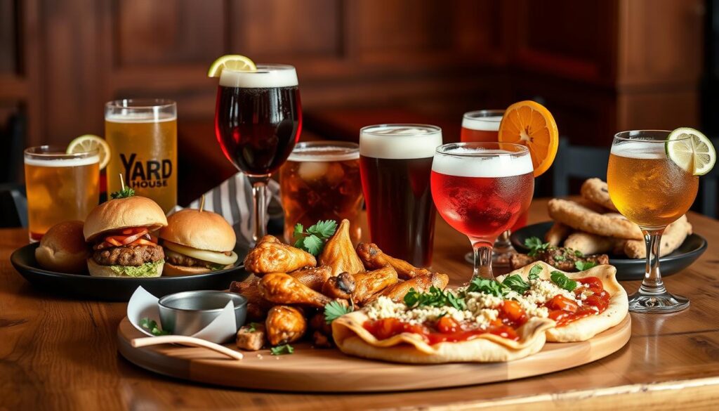 A high-quality, professional-looking photograph of a selection of the most popular and highly-rated Yard House happy hour menu items, set against a warm, inviting background. The image should feature a variety of appetizers, drinks, and shareable plates, such as sliders, wings, flatbreads, cocktails, and craft beers, arranged artfully on a wooden table or bar surface. Soft, diffused lighting should create a cozy, lively atmosphere, with a subtle depth of field that keeps the focus on the delectable dishes. The composition should be balanced and visually appealing, showcasing the menu items in an appetizing and enticing manner. A high-quality, professional-looking photograph of a selection of the most popular and highly-rated Yard House happy hour menu items, set against a warm, inviting background. The image should feature a variety of appetizers, drinks, and shareable plates, such as sliders, wings, flatbreads, cocktails, and craft beers, arranged artfully on a wooden table or bar surface. Soft, diffused lighting should create a cozy, lively atmosphere, with a subtle depth of field that keeps the focus on the delectable dishes. The composition should be balanced and visually appealing, showcasing the menu items in an appetizing and enticing manner.
