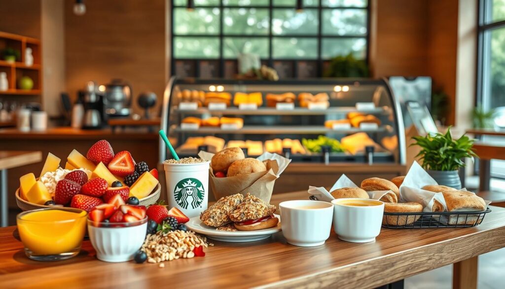 A high-quality, well-lit scene of a Starbucks breakfast display showcasing various healthy meal options. In the foreground, a wooden table holds a selection of vibrant fruit, yogurt, granola, and whole grain pastries. In the middle ground, a glass display case features freshly prepared breakfast sandwiches, wraps, and salads. The background depicts the warm, inviting ambiance of a Starbucks cafe, with natural lighting streaming through large windows and minimal decor elements that complement the healthy, nutritious theme. The overall mood is clean, fresh, and enticing, encouraging viewers to explore Starbucks' healthy breakfast choices. A high-quality, well-lit scene of a Starbucks breakfast display showcasing various healthy meal options. In the foreground, a wooden table holds a selection of vibrant fruit, yogurt, granola, and whole grain pastries. In the middle ground, a glass display case features freshly prepared breakfast sandwiches, wraps, and salads. The background depicts the warm, inviting ambiance of a Starbucks cafe, with natural lighting streaming through large windows and minimal decor elements that complement the healthy, nutritious theme. The overall mood is clean, fresh, and enticing, encouraging viewers to explore Starbucks' healthy breakfast choices.