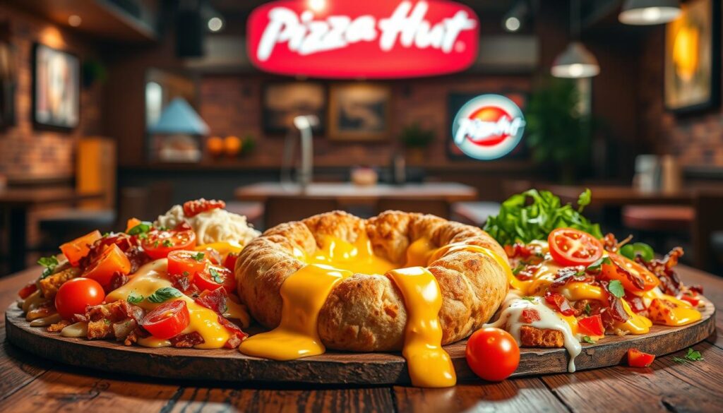 A mouth-watering display of Pizza Hut melts ingredients arranged artfully on a rustic wooden table. In the foreground, various types of melted cheeses ooze gracefully, showcasing their gooey texture. Colorful toppings such as vibrant tomatoes, crispy bacon, and fresh herbs are scattered around. In the middle ground, a freshly baked crust lies open, revealing the luscious filling bursting with flavor. The background features a cozy Pizza Hut restaurant ambiance, with warm lighting enhancing the inviting atmosphere. A shallow depth of field blurs the background slightly, drawing focus to the delicious ingredients in the foreground. The overall mood is indulgent and appetizing, emphasizing the richness and heartiness of the melts. This visually rich composition invites viewers to explore the delightful flavors of the Pizza Hut melts menu.