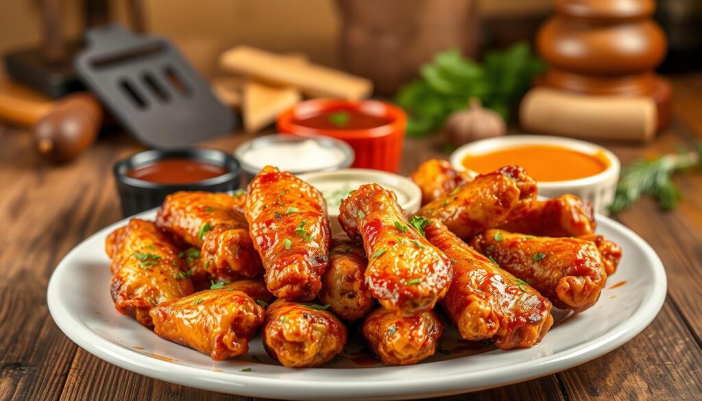 A mouth-watering plate of pizza boneless wings sits invitingly in the foreground, glistening with a rich, golden glaze and sprinkled with vibrant green herbs. The wings are arranged in a dramatic spiral, highlighting their crispy exterior and juicy texture. In the middle ground, there are dipping sauces in colorful bowls—ranch, BBQ, and buffalo—adding to the visual appeal. A rustic wooden table serves as the backdrop, surrounded by faint hints of Italian-themed decor like pizza peel tools and herbs, creating a cozy and inviting atmosphere. Soft, warm lighting bathes the scene, enhancing the delectable colors of the food and creating a mouthwatering mood perfect for a food article.