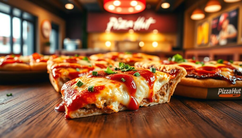 A mouthwatering display of the best Pizza Hut melts, arranged artistically on a rustic wooden table. In the foreground, focus on an enticing slice of cheesy melt, drizzled with savory marinara sauce and topped with fresh herbs. Surround it with a variety of other melts, featuring unique ingredients like pepperoni, veggies, and rich cheeses. The middle ground captures a warm, inviting atmosphere with soft, golden lighting that highlights the gooey texture and vibrant colors of the pizza melts. In the background, a blurred Pizza Hut restaurant ambiance adds authenticity, featuring iconic red and yellow colors. Capture the image from a slightly elevated angle, giving a dynamic view of the melts, evoking a feeling of indulgence and comfort.