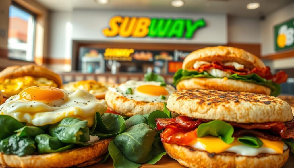 A neatly arranged display of freshly baked Subway breakfast sandwiches, featuring a variety of tempting fillings. The foreground showcases an array of sizzling egg, cheese, and meat combinations, presented on perfectly toasted English muffins. The middle ground highlights the vibrant greens of fresh spinach and the rich, savory hues of crispy bacon. In the background, a clean, modern Subway restaurant setting with natural lighting creates a welcoming and appetizing atmosphere. The overall scene exudes a sense of convenience, quality, and the inviting aroma of a satisfying morning meal. A neatly arranged display of freshly baked Subway breakfast sandwiches, featuring a variety of tempting fillings. The foreground showcases an array of sizzling egg, cheese, and meat combinations, presented on perfectly toasted English muffins. The middle ground highlights the vibrant greens of fresh spinach and the rich, savory hues of crispy bacon. In the background, a clean, modern Subway restaurant setting with natural lighting creates a welcoming and appetizing atmosphere. The overall scene exudes a sense of convenience, quality, and the inviting aroma of a satisfying morning meal.