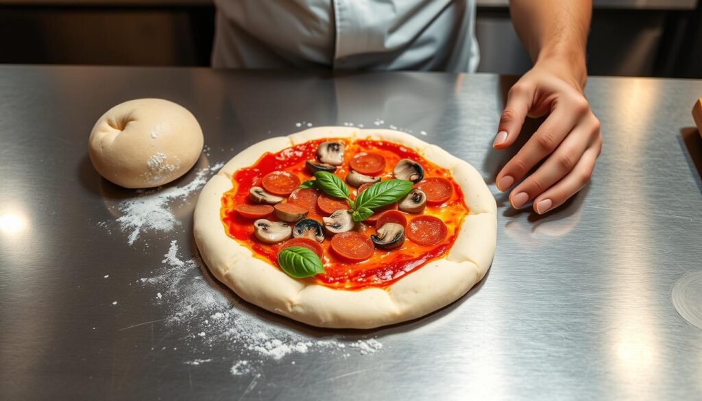 A pristine stainless steel kitchen counter, its surface gleaming under warm overhead lighting. On the counter, a freshly rolled out ball of dough, its edges lightly dusted with flour. Skilled hands carefully stretch and shape the dough, coaxing it into a perfect round crust. Vibrant tomato sauce is meticulously spread, its crimson hue contrasting with the pale dough. A variety of fresh toppings - crisp pepperoni, juicy mushrooms, and fragrant basil leaves - are carefully arranged, creating a visually enticing personal pizza. The scene exudes a sense of culinary precision and attention to detail, capturing the essence of Subway's commitment to crafting delicious, handmade pizzas. A pristine stainless steel kitchen counter, its surface gleaming under warm overhead lighting. On the counter, a freshly rolled out ball of dough, its edges lightly dusted with flour. Skilled hands carefully stretch and shape the dough, coaxing it into a perfect round crust. Vibrant tomato sauce is meticulously spread, its crimson hue contrasting with the pale dough. A variety of fresh toppings - crisp pepperoni, juicy mushrooms, and fragrant basil leaves - are carefully arranged, creating a visually enticing personal pizza. The scene exudes a sense of culinary precision and attention to detail, capturing the essence of Subway's commitment to crafting delicious, handmade pizzas.