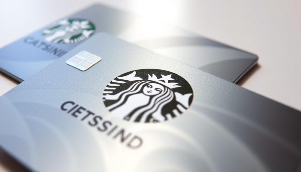 A sleek, metallic Starbucks gift card with intricate security features shimmering under crisp, directional lighting. In the foreground, a close-up view showcases the embossed logo, holographic patterns, and a microchip embedded within the card's surface. The middle ground reveals the card's edges, highlighting its sturdy construction and tamper-evident design. In the background, a clean, minimalist environment allows the card's security elements to take center stage, conveying a sense of trust, reliability, and attention to detail that Starbucks is known for.