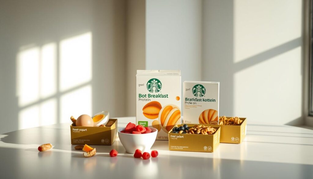 A still life scene of Starbucks Breakfast Protein Boxes on a clean, minimalist table, bathed in soft, natural lighting from a nearby window. The boxes are carefully arranged, showcasing their vibrant colors and appetizing contents - a variety of protein-rich foods such as hard-boiled eggs, Greek yogurt, berries, and roasted nuts. The scene is captured from a slightly elevated angle, creating a sense of depth and emphasizing the tactile, high-quality presentation of the products. The overall mood is one of healthy, fresh, and inviting sustenance, perfectly suited to start the day. A still life scene of Starbucks Breakfast Protein Boxes on a clean, minimalist table, bathed in soft, natural lighting from a nearby window. The boxes are carefully arranged, showcasing their vibrant colors and appetizing contents - a variety of protein-rich foods such as hard-boiled eggs, Greek yogurt, berries, and roasted nuts. The scene is captured from a slightly elevated angle, creating a sense of depth and emphasizing the tactile, high-quality presentation of the products. The overall mood is one of healthy, fresh, and inviting sustenance, perfectly suited to start the day.