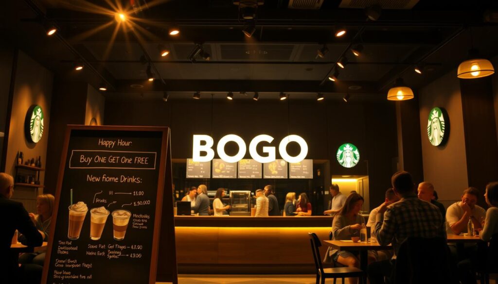 A stylish, dimly lit Starbucks cafe interior, with a central counter displaying an enticing &amp;quot;Buy One Get One Free&amp;quot; promotion. The scene is bathed in a warm, golden glow from overhead spotlights, casting a cozy, inviting atmosphere. In the foreground, a chalkboard menu showcases the featured Happy Hour drinks, their descriptions and prices. Customers are gathered around small cafe tables, enjoying their beverages and conversing. The middle ground features a prominent &amp;quot;BOGO&amp;quot; sign, drawing the eye to the special offer. The background showcases the familiar Starbucks branding and decor, creating a recognizable setting. The overall composition conveys a sense of comfort, indulgence and an exciting limited-time promotion.