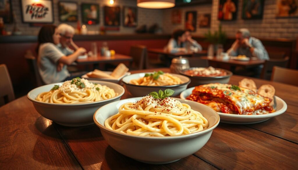 A tantalizing array of pasta dishes beautifully presented on a rustic wooden table at a Pizza Hut restaurant. In the foreground, showcase a steaming bowl of creamy fettuccine Alfredo, topped with freshly grated parmesan and parsley. Beside it, a colorful penne arrabbiata, garnished with basil and red chili flakes. In the middle ground, display a bubbling lasagna with layers of cheese and rich tomato sauce, alongside garlic breadsticks sprinkled with herbs. The background features a cozy Pizza Hut dining atmosphere with warm lighting, brick wall decor, and diners enjoying their meals. The scene should be shot from a slightly elevated angle using a soft-focus lens effect to create a inviting, mouthwatering atmosphere for a culinary experience.