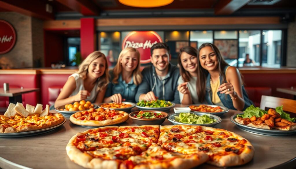 A vibrant Pizza Hut dining table set against a cozy restaurant backdrop, featuring a variety of mix-and-match deals. In the foreground, showcase a rotating table topped with an array of colorful pizzas, sides like buffalo wings and garlic bread, and fresh garden salads. The middle section should feature smiling friends in casual clothing sharing their meal, creating a warm, inviting atmosphere. In the background, the restaurant's signature red and yellow decor is softly illuminated, highlighting the cozy, familial vibe. Use warm, natural lighting to enhance the inviting ambiance, and frame the scene with a slightly tilted angle for a dynamic perspective. The overall mood should feel cheerful and communal, emphasizing friendship and good food.
