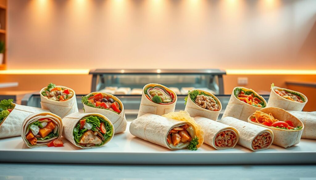 A vibrant and appetizing display of Subway's wrap menu varieties, captured in a sleek and modern diner setting. The foreground showcases an assortment of tempting wrap options, each neatly presented on a crisp white surface, with fresh ingredients and tantalizing textures. The middle ground features a minimalist counter or display case, bathed in warm, directional lighting that accentuates the colors and details of the wraps. In the background, a clean, uncluttered wall sets the stage, complementing the overall sophisticated and inviting atmosphere. The composition emphasizes the variety, freshness, and visual appeal of Subway's wrap menu, enticing the viewer to explore the delicious possibilities.