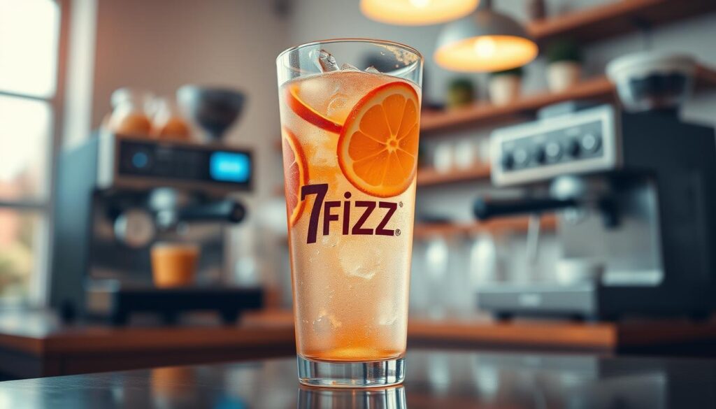 A vibrant and energetic setup showcasing a glass of "7 FIZZ" displayed prominently in the foreground, capturing bubbles and a refreshing sparkle with colorful citrus slices floating within. Surrounding the glass, a sleek, modern coffee shop environment features blurred backgrounds of coffee machines and minimalist decor. Soft, warm lighting casts a welcoming glow, emphasizing the drink's effervescence. The angle is slightly tilted to create a dynamic perspective, enhancing the drink's enticing qualities. The overall mood is upbeat and lively, evoking the refreshing sensation of a fizzy beverage, perfect for energizing the day.