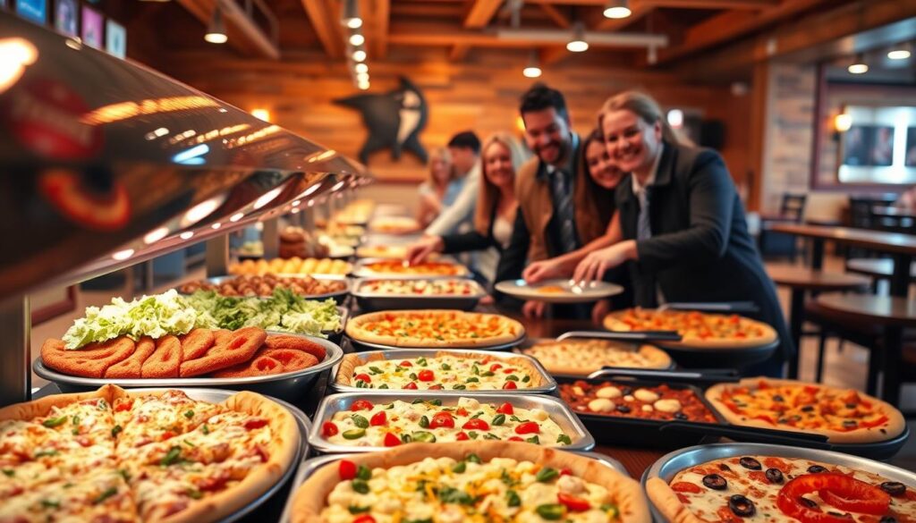 A vibrant and inviting Pizza Ranch buffet scene, featuring a beautifully arranged buffet table filled with an assortment of delicious pizzas in various flavors, alongside sides like fresh salads and cheesy breadsticks. The foreground displays a colorful selection of toppings ready for customization. In the middle, a group of people dressed in smart casual attire are happily serving themselves, showing a sense of community and enjoyment. In the background, warm lighting enhances the cozy atmosphere, with a rustic wooden decor typical of a family-friendly restaurant. The angle captures the length of the buffet table, offering a full view of the mouth-watering options available, creating a welcoming invitation to dine. The mood is cheerful and friendly, perfect for showcasing a buffet dining experience. A vibrant and inviting Pizza Ranch buffet scene, featuring a beautifully arranged buffet table filled with an assortment of delicious pizzas in various flavors, alongside sides like fresh salads and cheesy breadsticks. The foreground displays a colorful selection of toppings ready for customization. In the middle, a group of people dressed in smart casual attire are happily serving themselves, showing a sense of community and enjoyment. In the background, warm lighting enhances the cozy atmosphere, with a rustic wooden decor typical of a family-friendly restaurant. The angle captures the length of the buffet table, offering a full view of the mouth-watering options available, creating a welcoming invitation to dine. The mood is cheerful and friendly, perfect for showcasing a buffet dining experience.